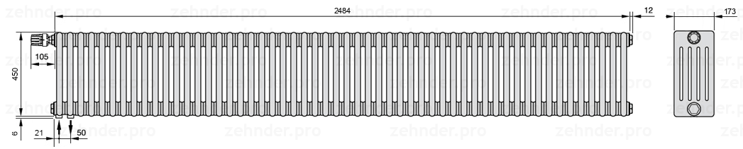 Схема (чертеж) Радиатор Zehnder Charleston 5045/54 №V001 Белый глянцевый RAL 9016